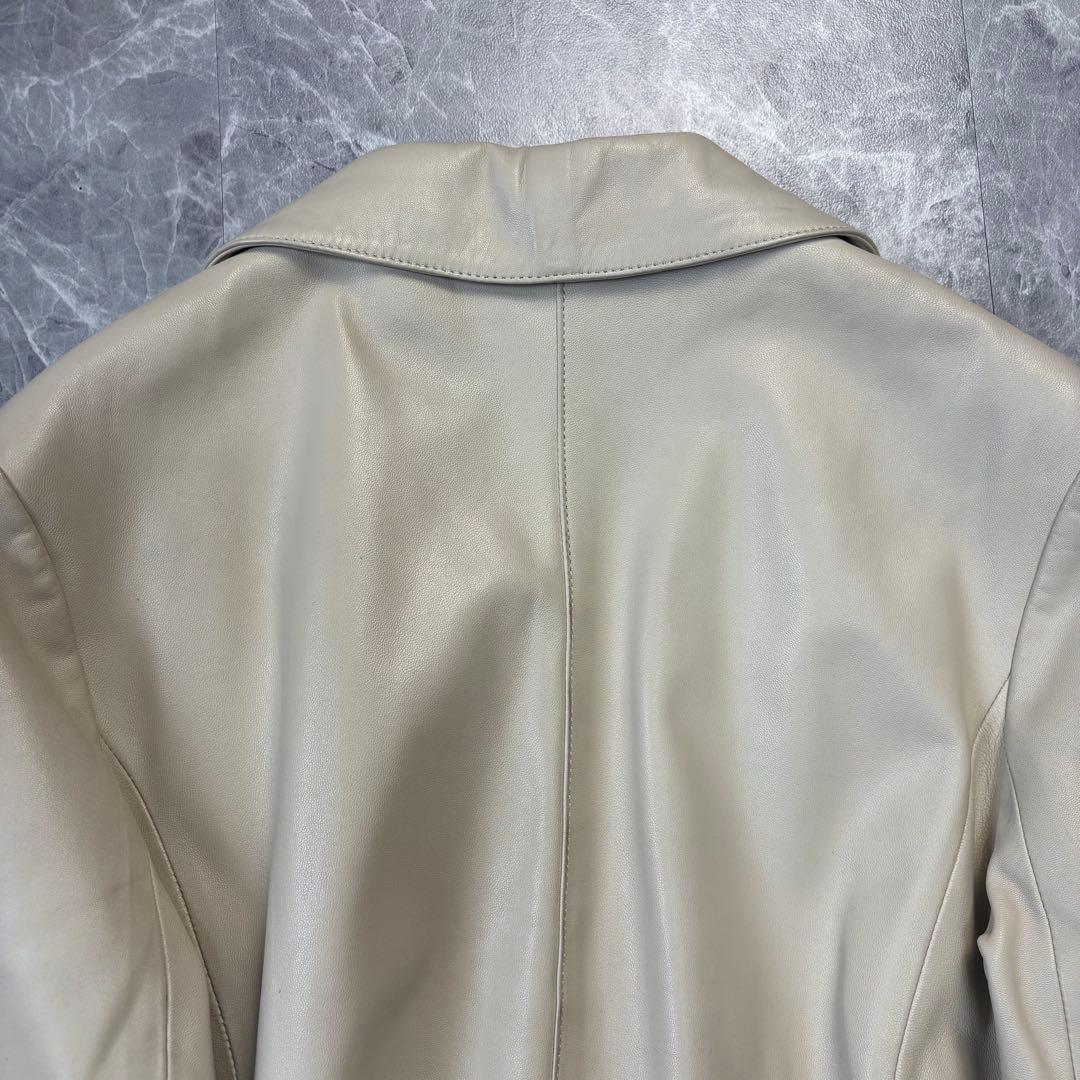 XL♡バルマン♡ラムレザー　ロングコート　ベルトリボン　ホワイトベージュ