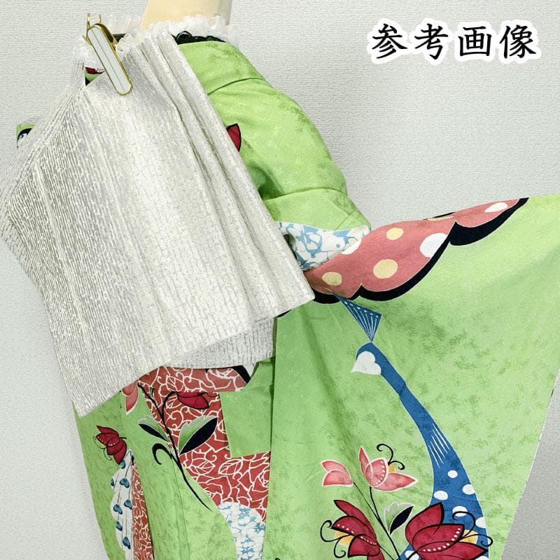 511z6☆個性的！きものやまと 振袖 地紋 孔雀 黄緑☆美品 成人式 結婚式