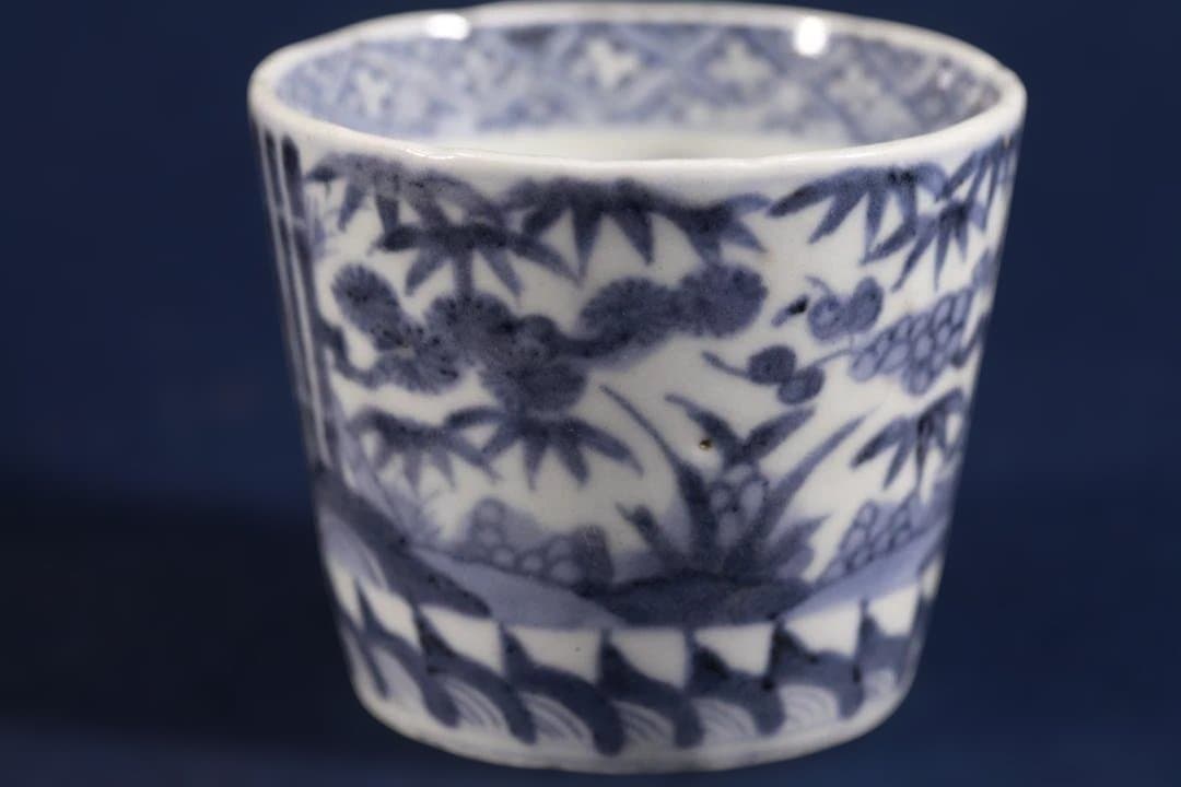 578　古伊万里大振染付松竹梅図蕎麦猪口　無傷　幕末