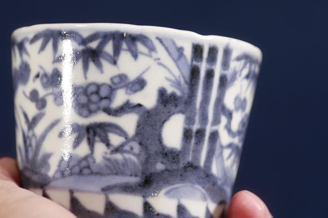 578　古伊万里大振染付松竹梅図蕎麦猪口　無傷　幕末