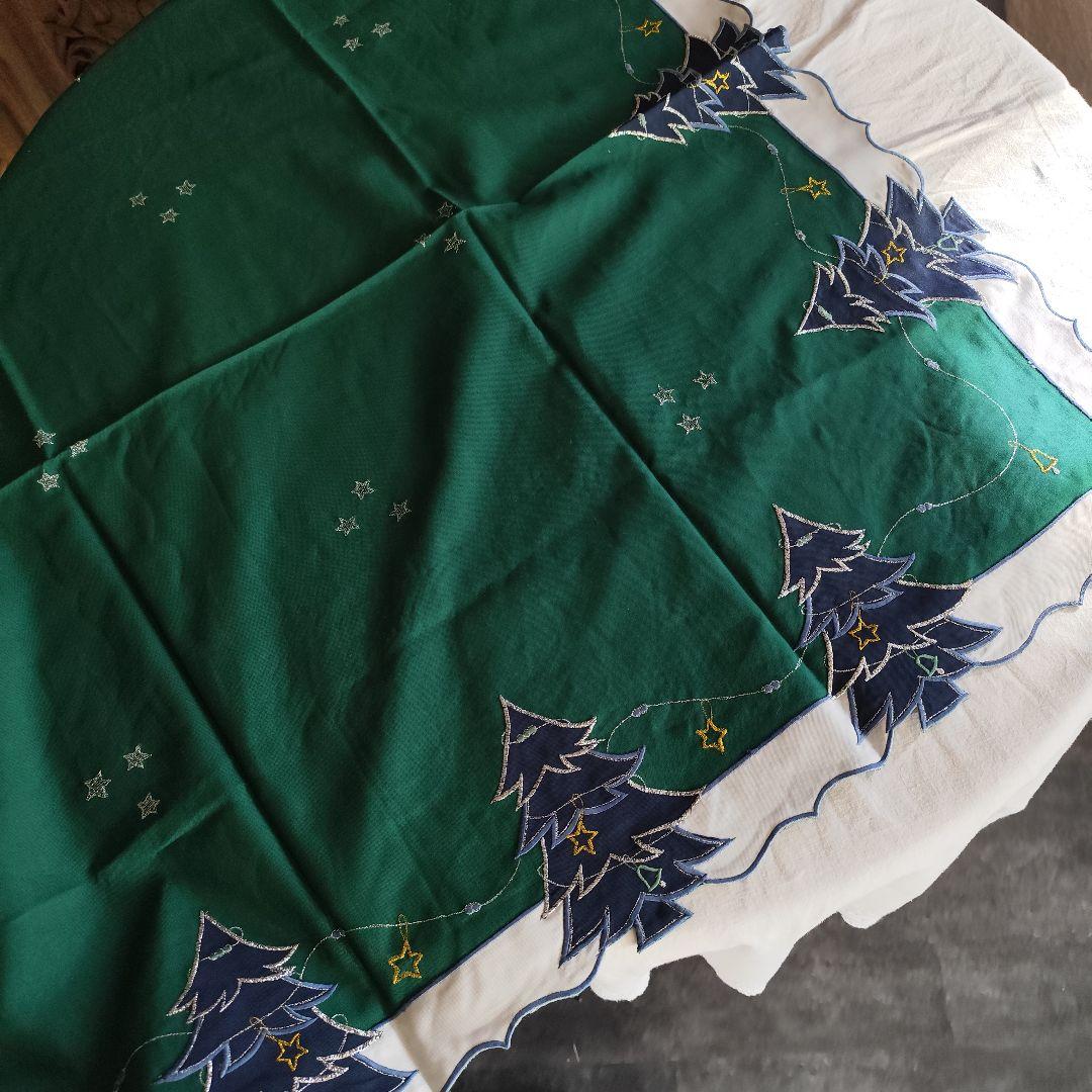 銀糸刺繍　紺色ツリー　深緑　クリスマスクロス