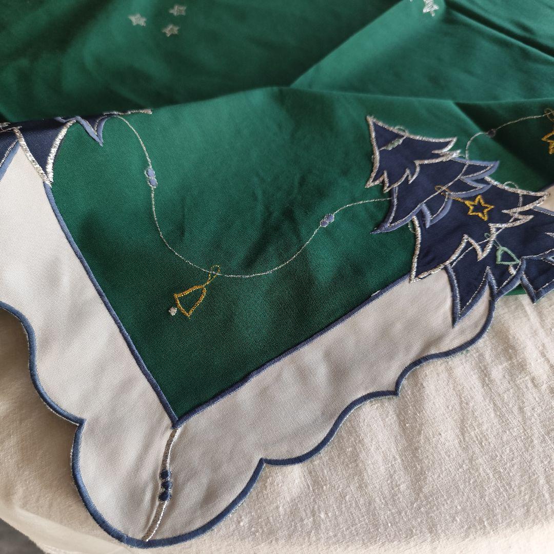 銀糸刺繍　紺色ツリー　深緑　クリスマスクロス