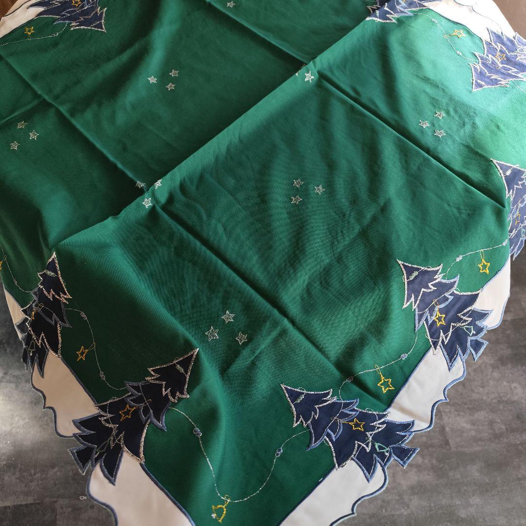 銀糸刺繍　紺色ツリー　深緑　クリスマスクロス