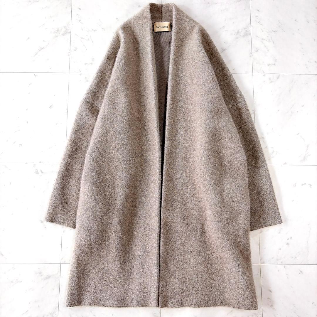 美品 カレンソロジー ふわふわ ラクーン混 ロングニットカーディガン ベージュ