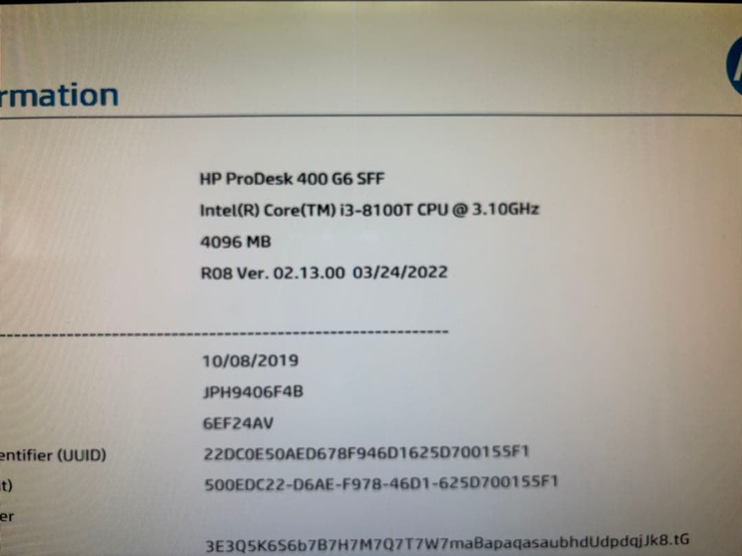 HP ProDesk 400 G6 SFF i3-8100T ベアボーン