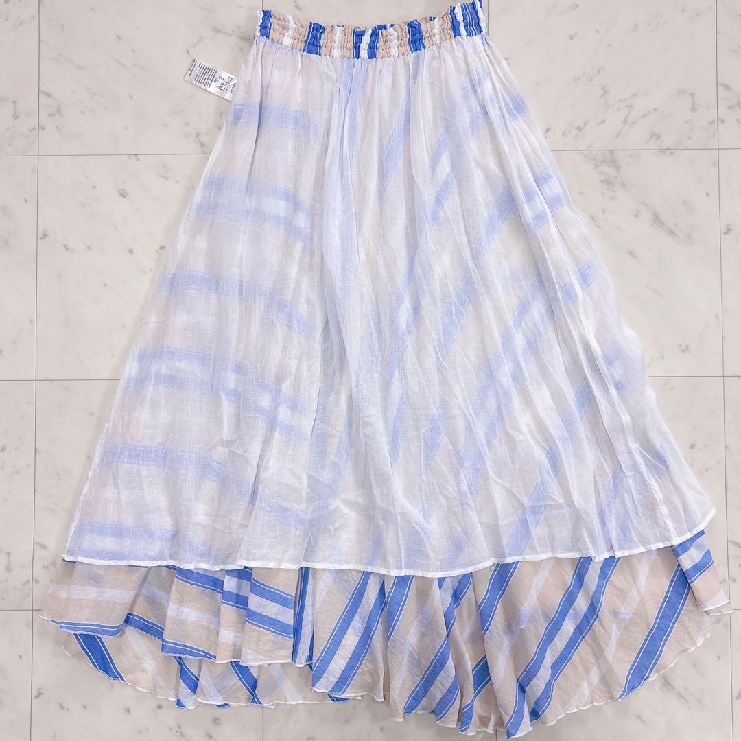 極美品✨ヌキテパ　ストライプフレアスカート　ブルー　コットンボイル　ロング　裏地