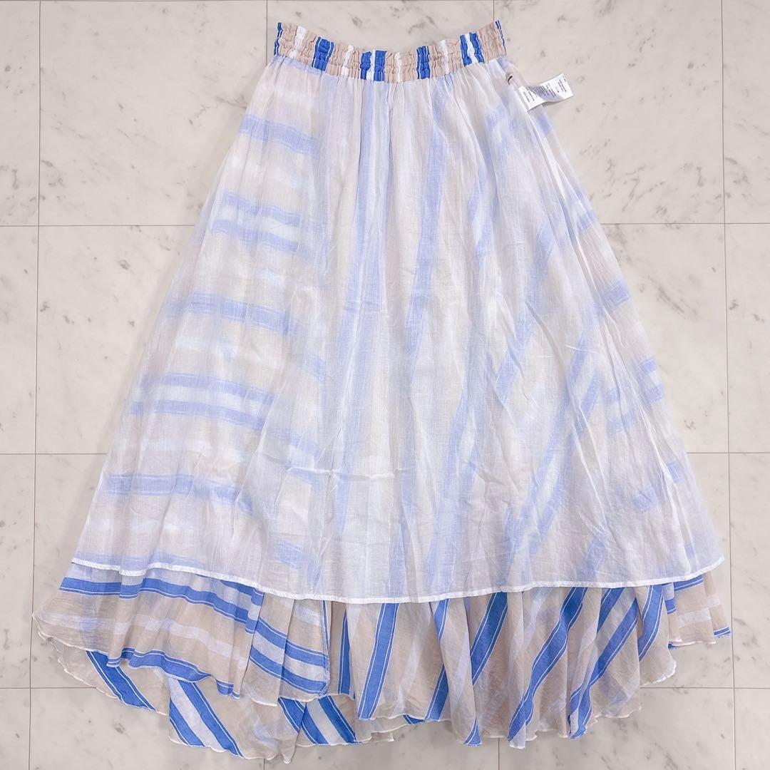 極美品✨ヌキテパ　ストライプフレアスカート　ブルー　コットンボイル　ロング　裏地