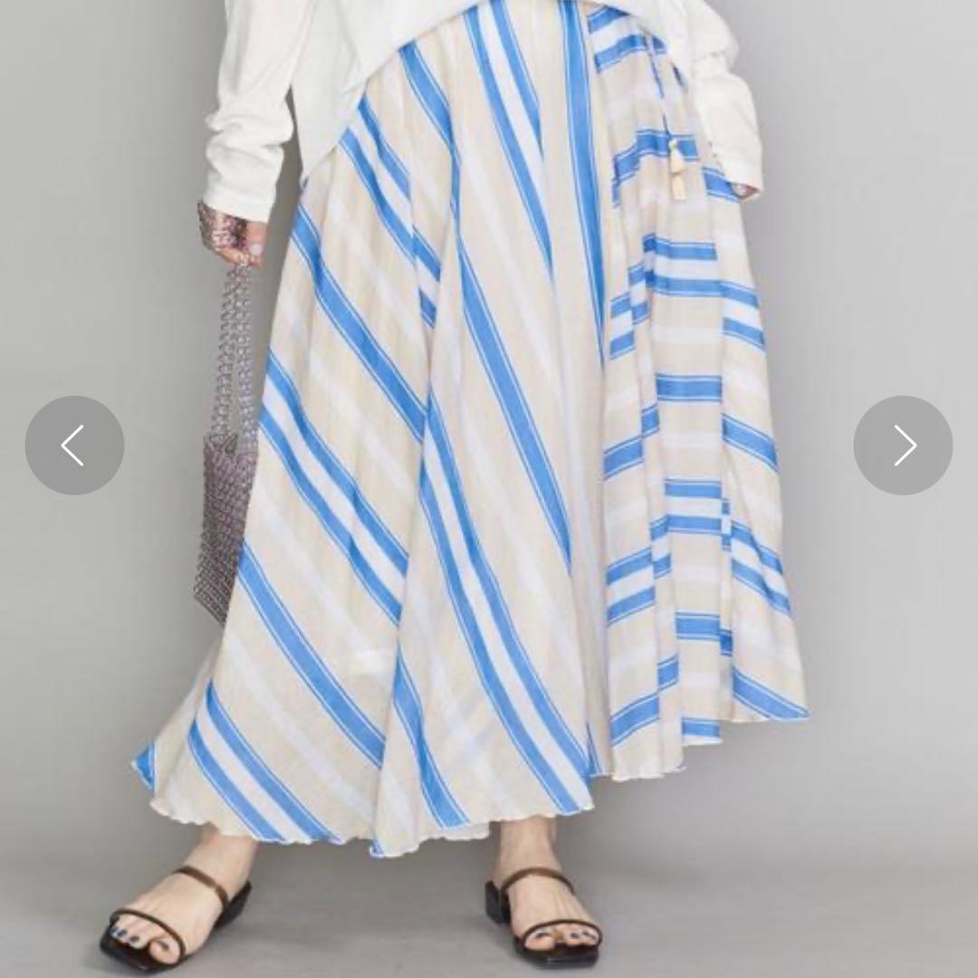 極美品✨ヌキテパ　ストライプフレアスカート　ブルー　コットンボイル　ロング　裏地