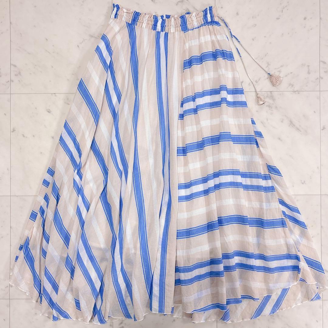 極美品✨ヌキテパ　ストライプフレアスカート　ブルー　コットンボイル　ロング　裏地