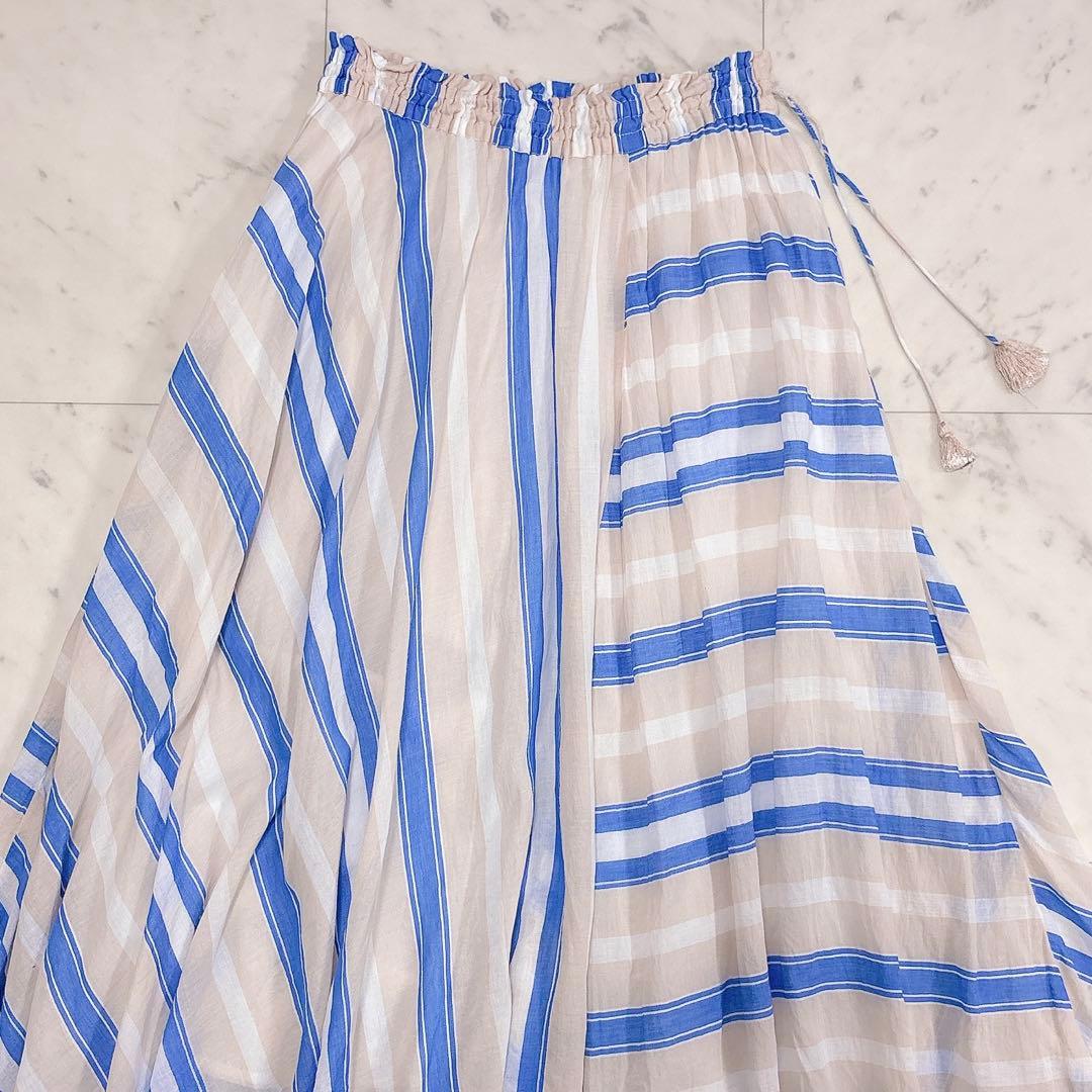 極美品✨ヌキテパ　ストライプフレアスカート　ブルー　コットンボイル　ロング　裏地