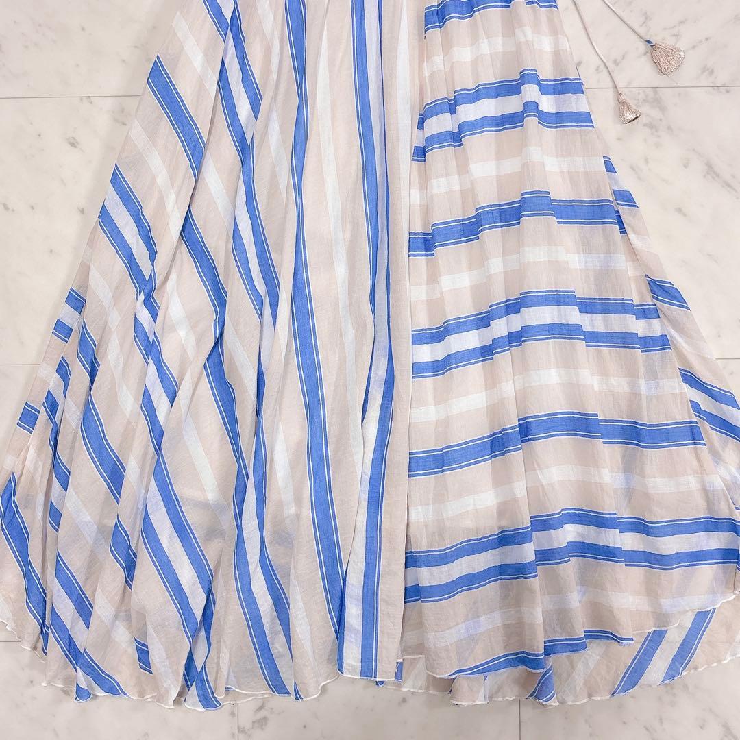 極美品✨ヌキテパ　ストライプフレアスカート　ブルー　コットンボイル　ロング　裏地