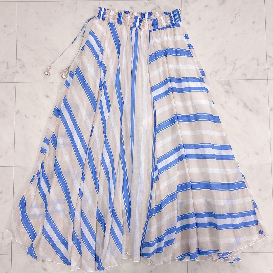 極美品✨ヌキテパ　ストライプフレアスカート　ブルー　コットンボイル　ロング　裏地