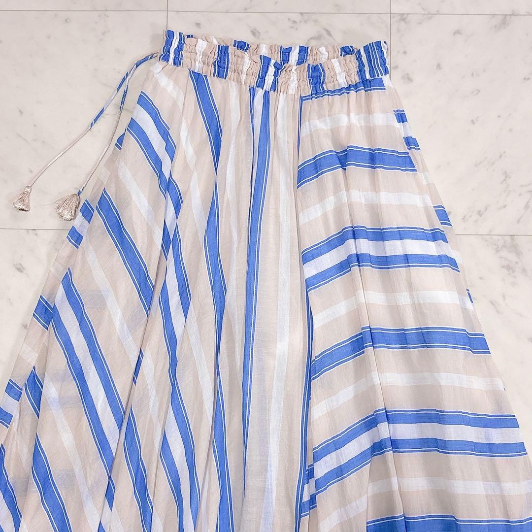 極美品✨ヌキテパ　ストライプフレアスカート　ブルー　コットンボイル　ロング　裏地
