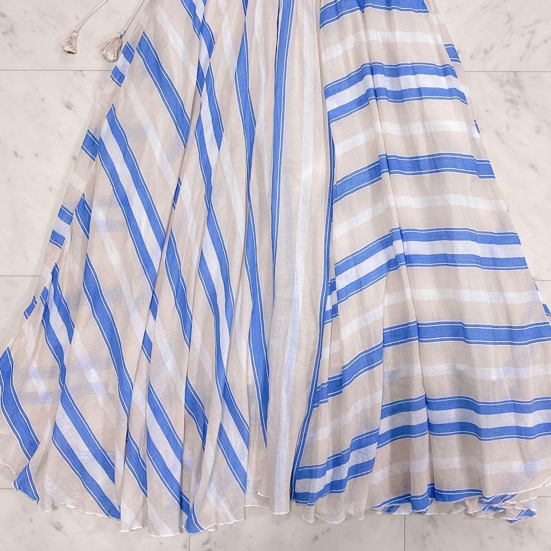 極美品✨ヌキテパ　ストライプフレアスカート　ブルー　コットンボイル　ロング　裏地