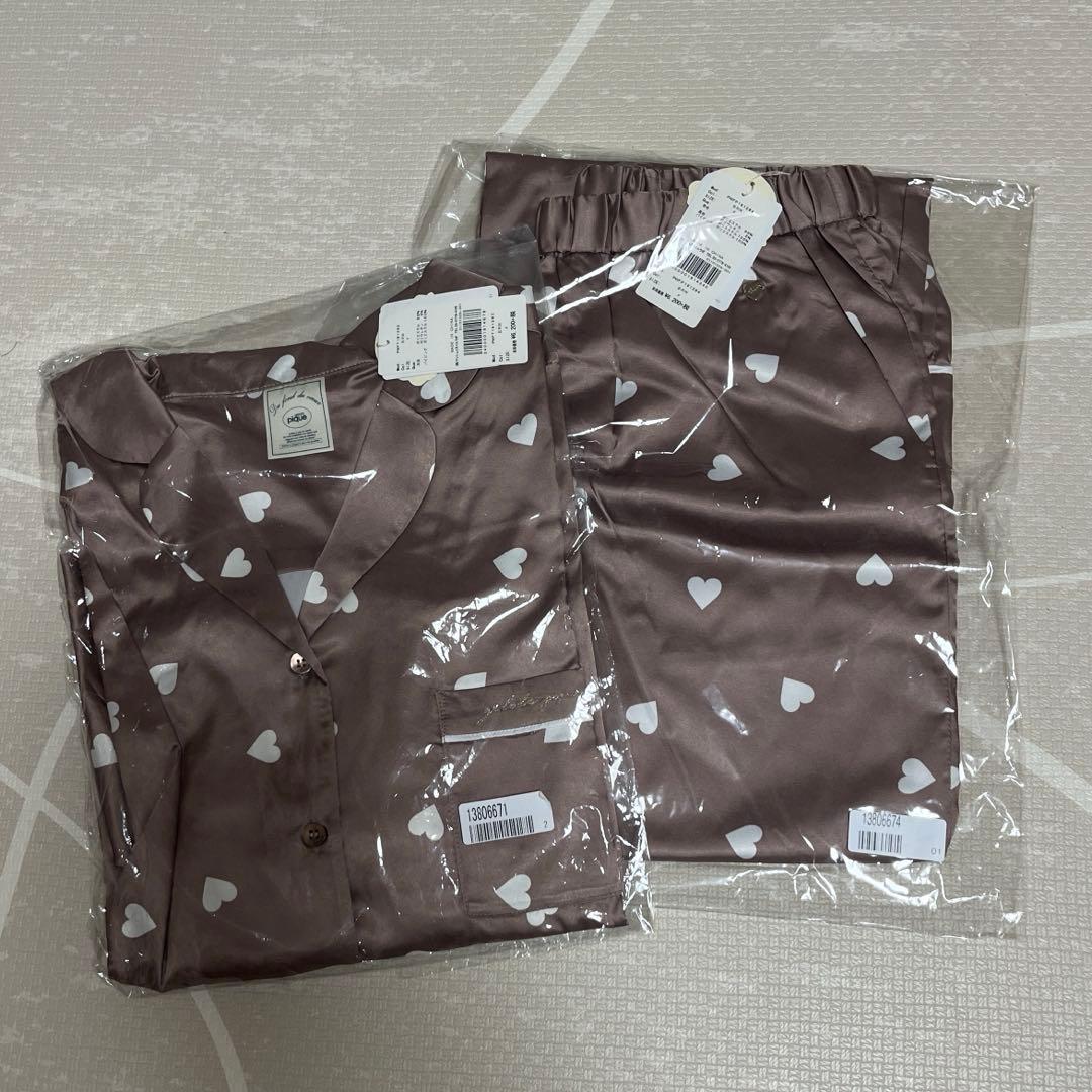 新品　ジェラートピケ　ハート柄　サテンパジャマブラウン　gelato pique