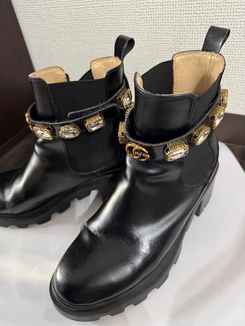 GUCCI ブーツ　ビジュー　ブラック　レザー　 サイドゴアブーツ