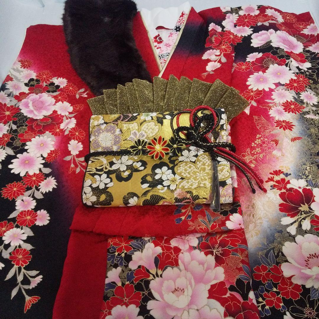 赤黒金桜正絹振袖フルセット等 袋帯 帯締め 帯揚げ 半襟 重ね襟 成人式卒業式等