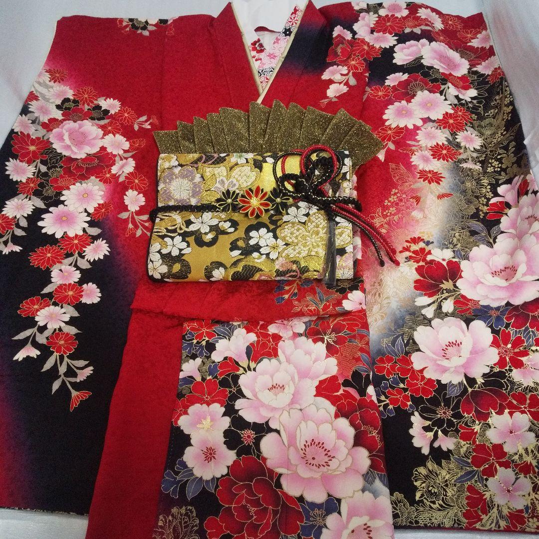 赤黒金桜正絹振袖フルセット等 袋帯 帯締め 帯揚げ 半襟 重ね襟 成人式卒業式等