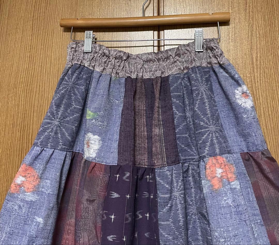着物リメイク　紬のパッチワークティアードスカート