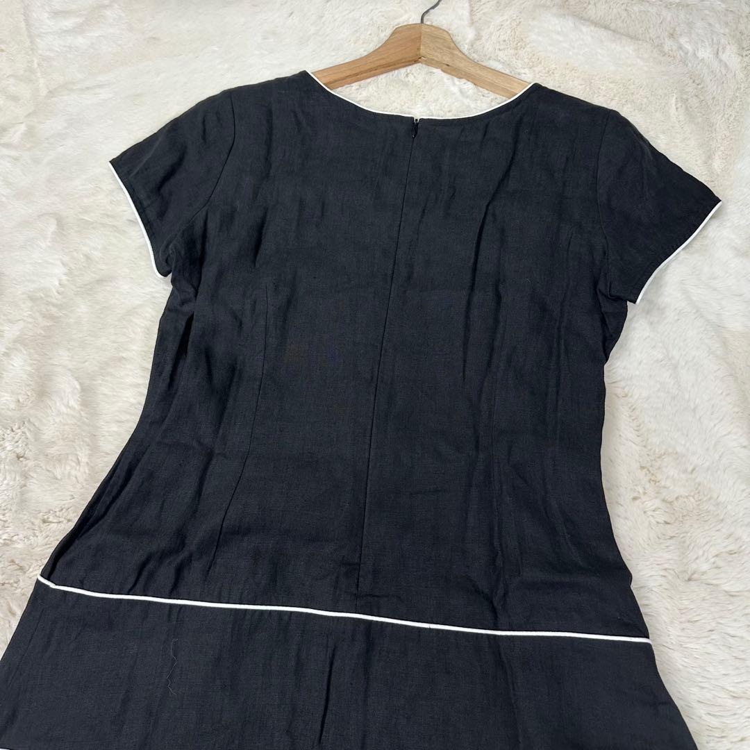 ✨美品✨アニエスベー 最高級リネン100% 白パイピング 半袖フレアワンピース黒