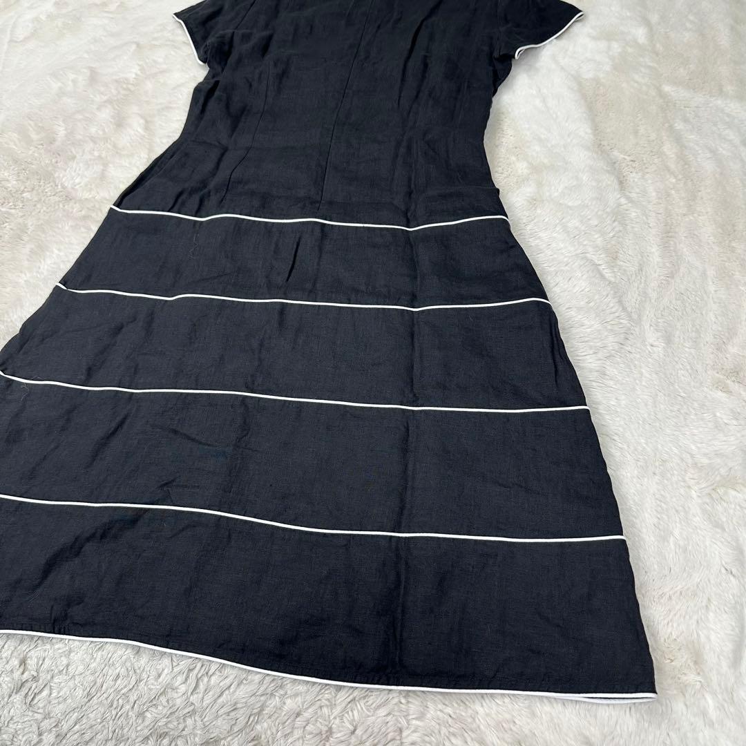 ✨美品✨アニエスベー 最高級リネン100% 白パイピング 半袖フレアワンピース黒