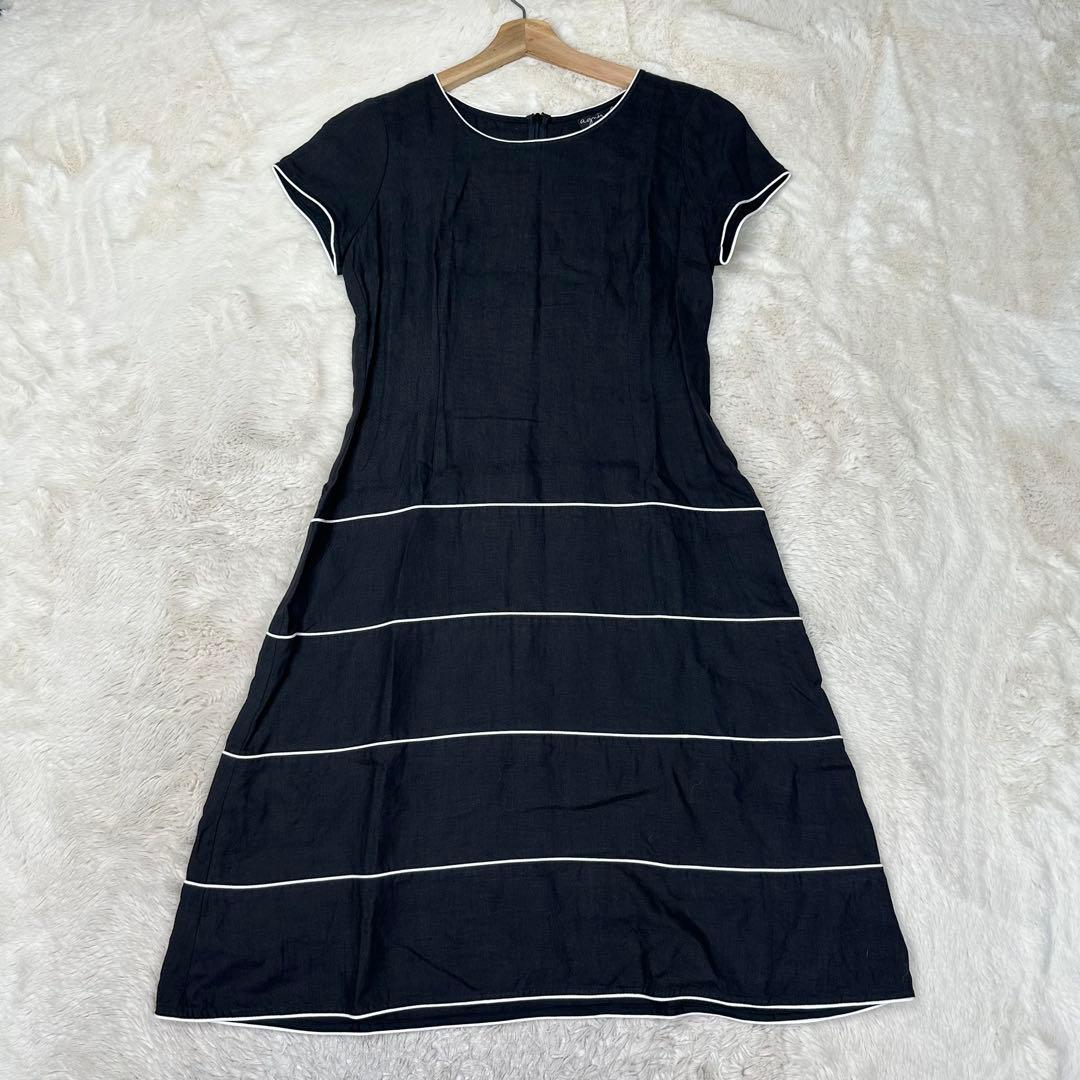 ✨美品✨アニエスベー 最高級リネン100% 白パイピング 半袖フレアワンピース黒