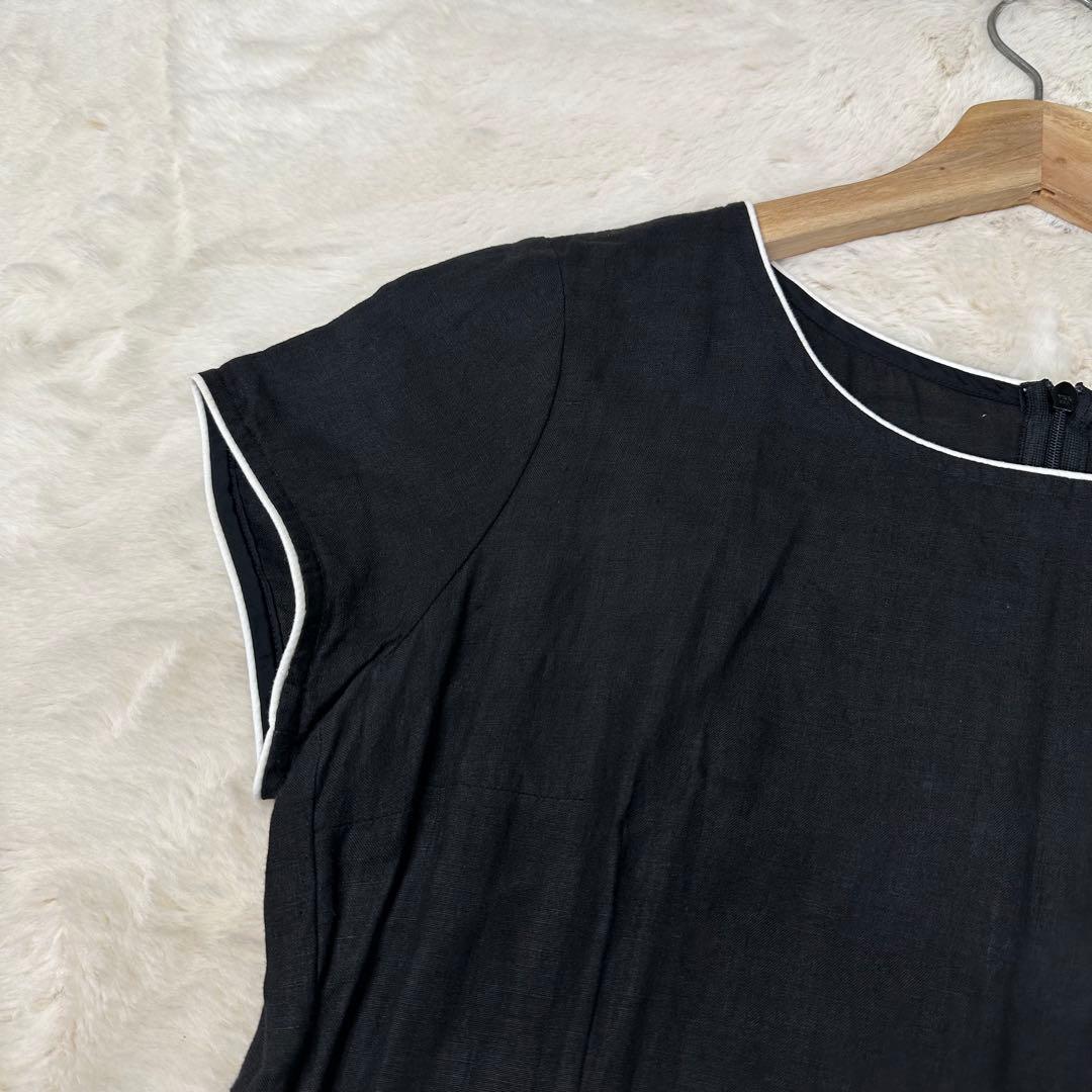 ✨美品✨アニエスベー 最高級リネン100% 白パイピング 半袖フレアワンピース黒