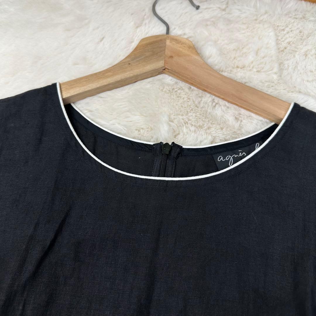 ✨美品✨アニエスベー 最高級リネン100% 白パイピング 半袖フレアワンピース黒