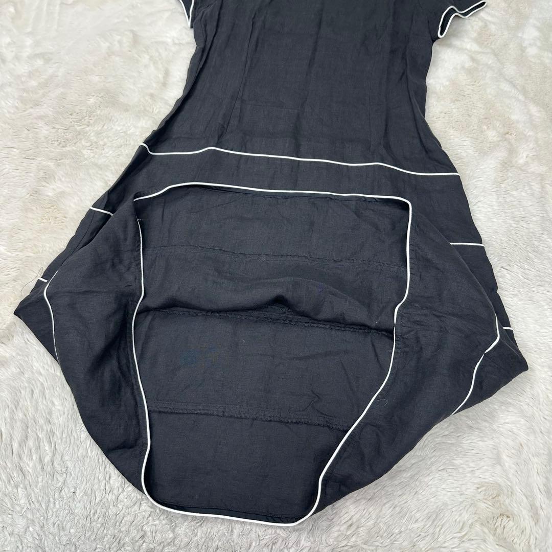 ✨美品✨アニエスベー 最高級リネン100% 白パイピング 半袖フレアワンピース黒