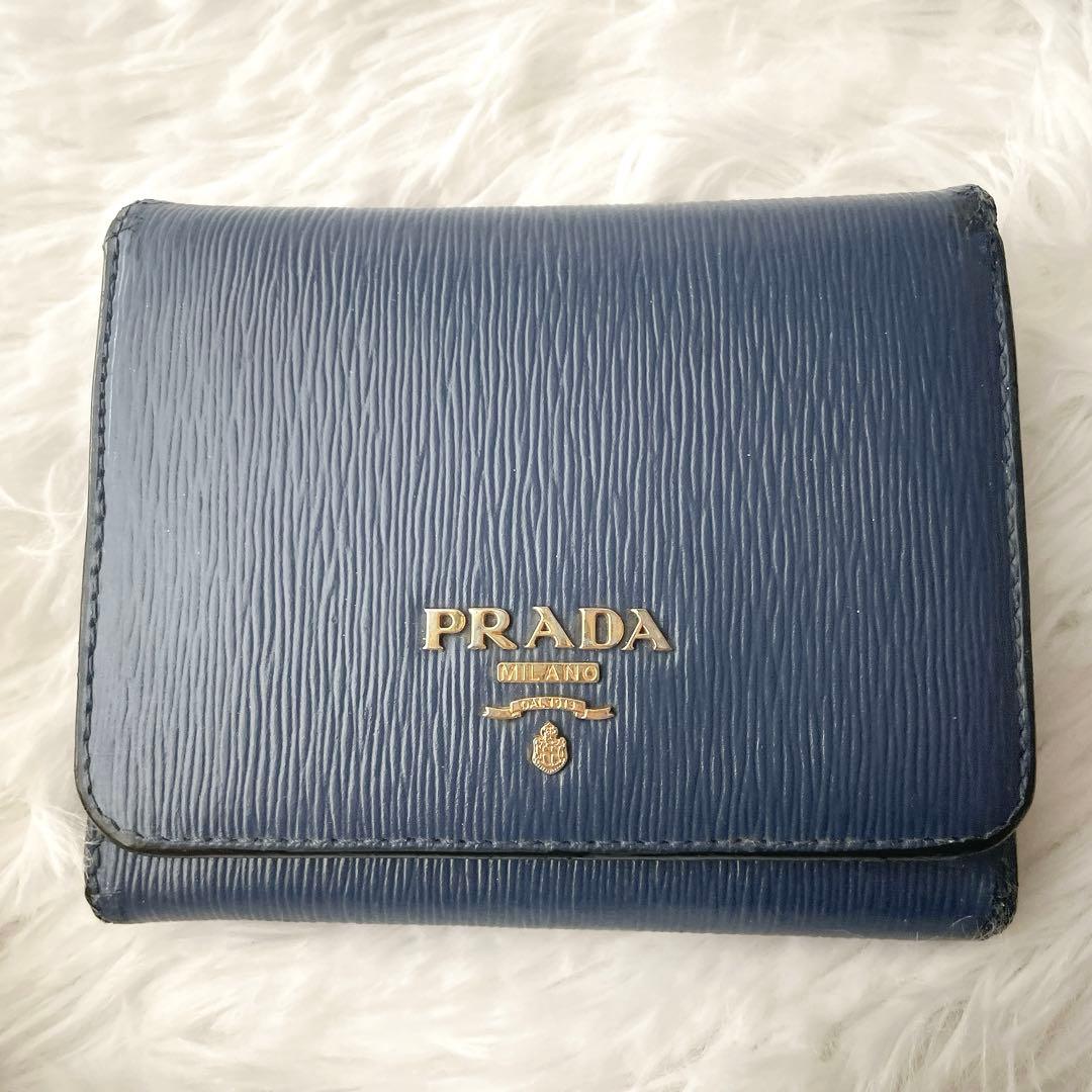 PRADA カーフレザー ネイビー ロゴ金具 三つ折り 財布 ギャランティー