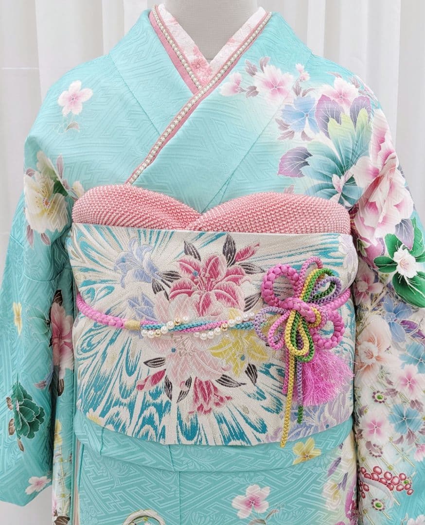水色 花柄 振袖 着物