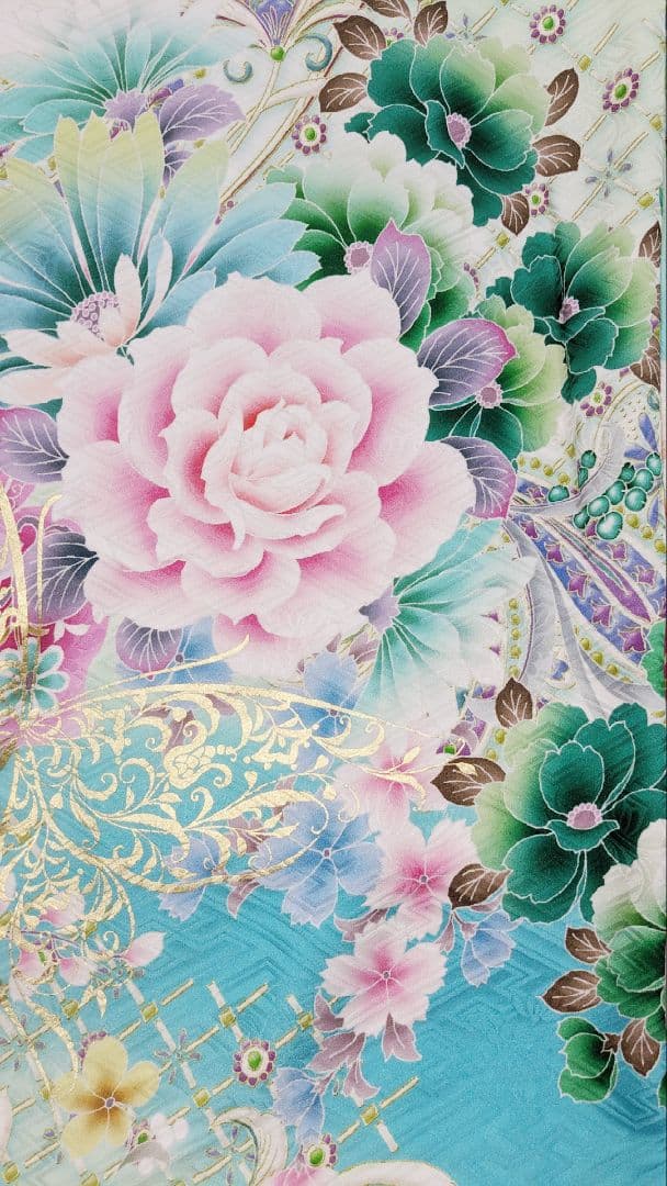 水色 花柄 振袖 着物