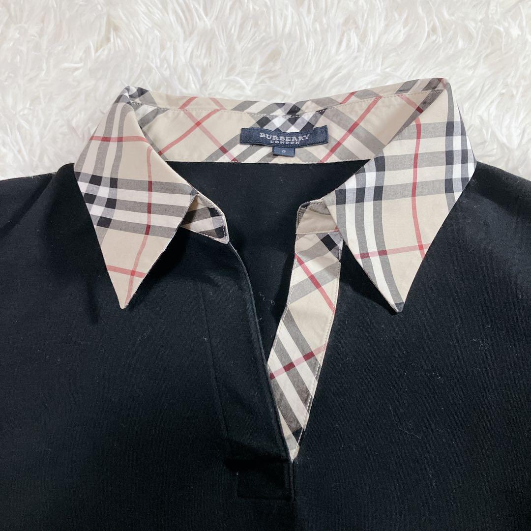 【美品】バーバリー　半袖スキッパーポロシャツ　ノバチェック　黒　ロゴ刺繍　5