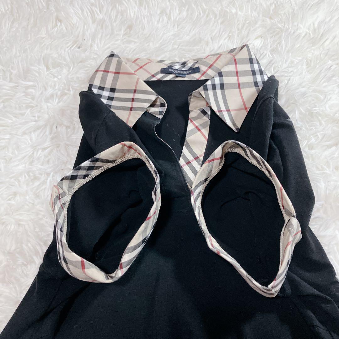 【美品】バーバリー　半袖スキッパーポロシャツ　ノバチェック　黒　ロゴ刺繍　5