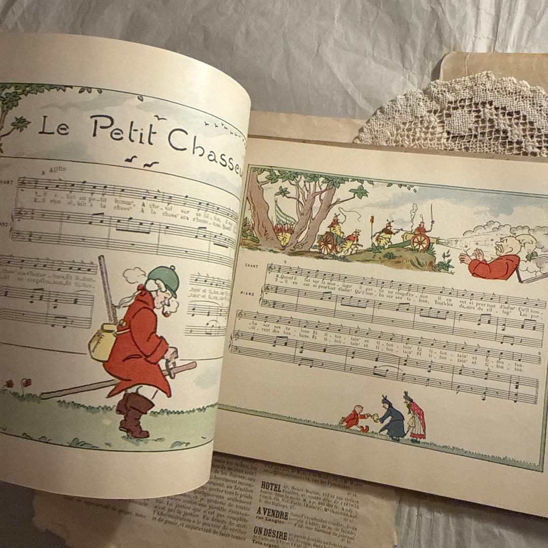 1910年フランス語アンティーク絵本　洋書　古書　楽譜ジャンクジャーナル