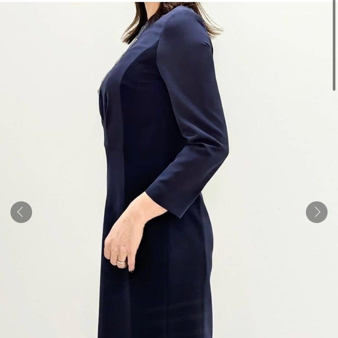 美品★クードシャンス 洗える 日本製 配色使いワンピース ネイビー ストレッチ