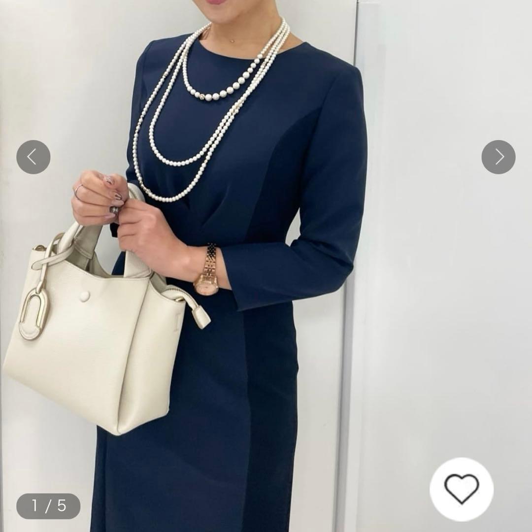 美品★クードシャンス 洗える 日本製 配色使いワンピース ネイビー ストレッチ