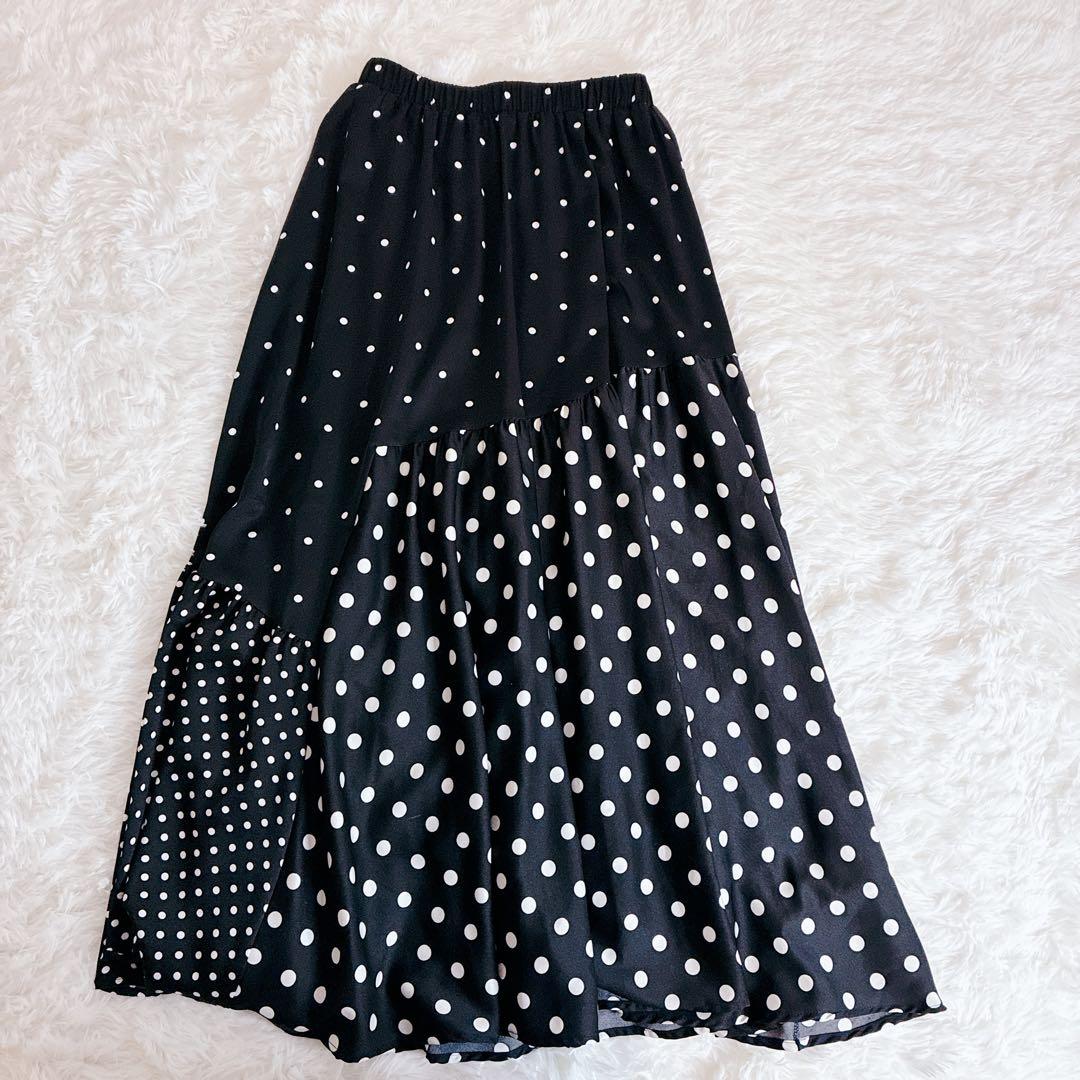 極美品 ビアズリーBEARDSLEY ドット パッチワークロングスカートブラック