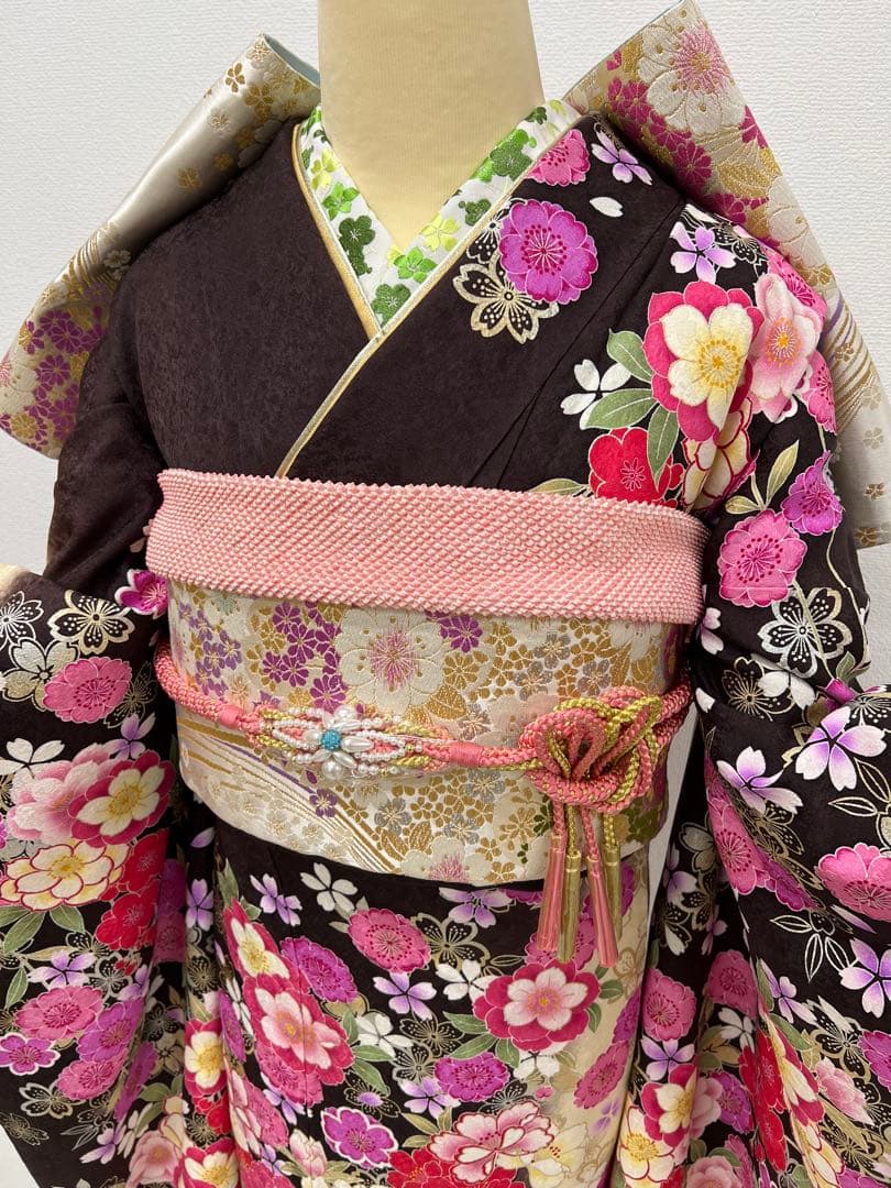 振り袖　フルセット　別誂長襦袢　ブラウン　成人結婚式　金彩加工　刺繍入り　772