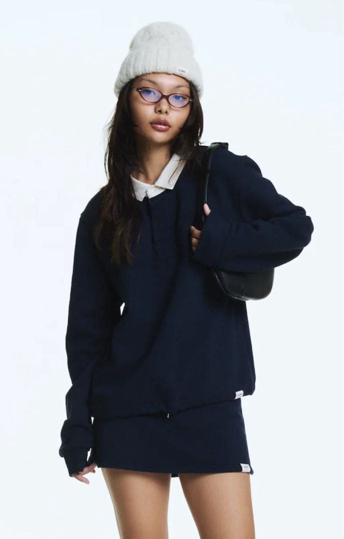 GLOWNY Navy blue長袖ポロシャツ