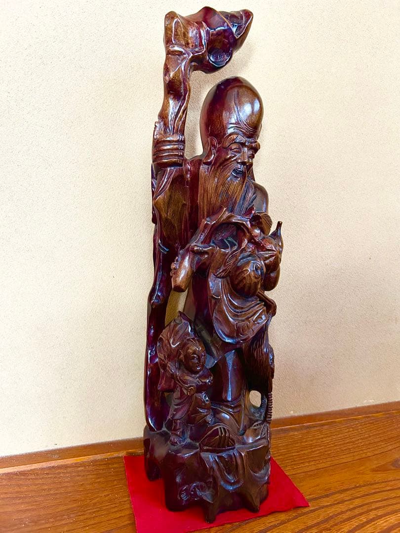 t*e様 (骨董)精密細工 木彫り彫刻 七福神「寿老人」高さ57cm