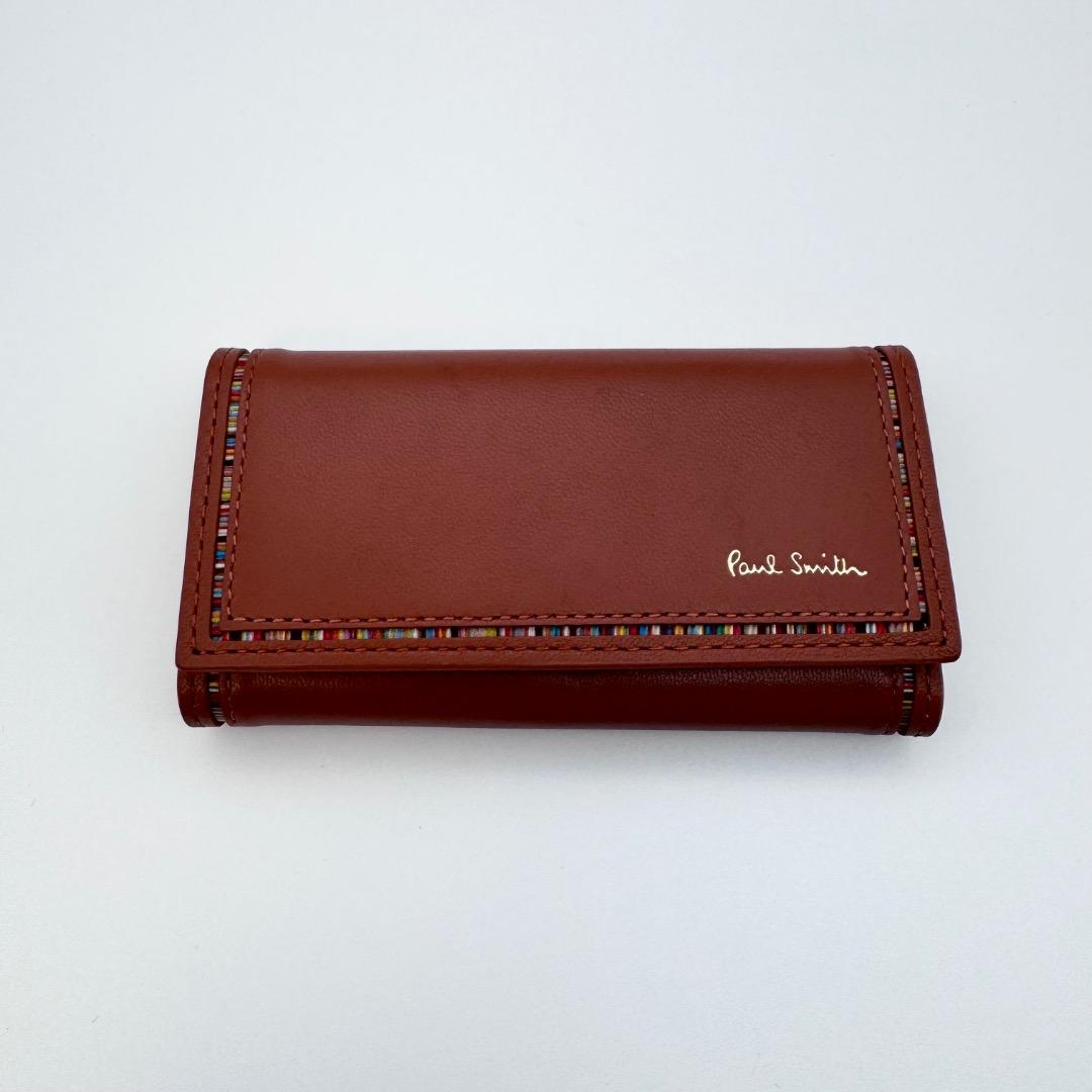 新品 ポールスミス キーケース ストライプインセット 本革 レザー レンガ