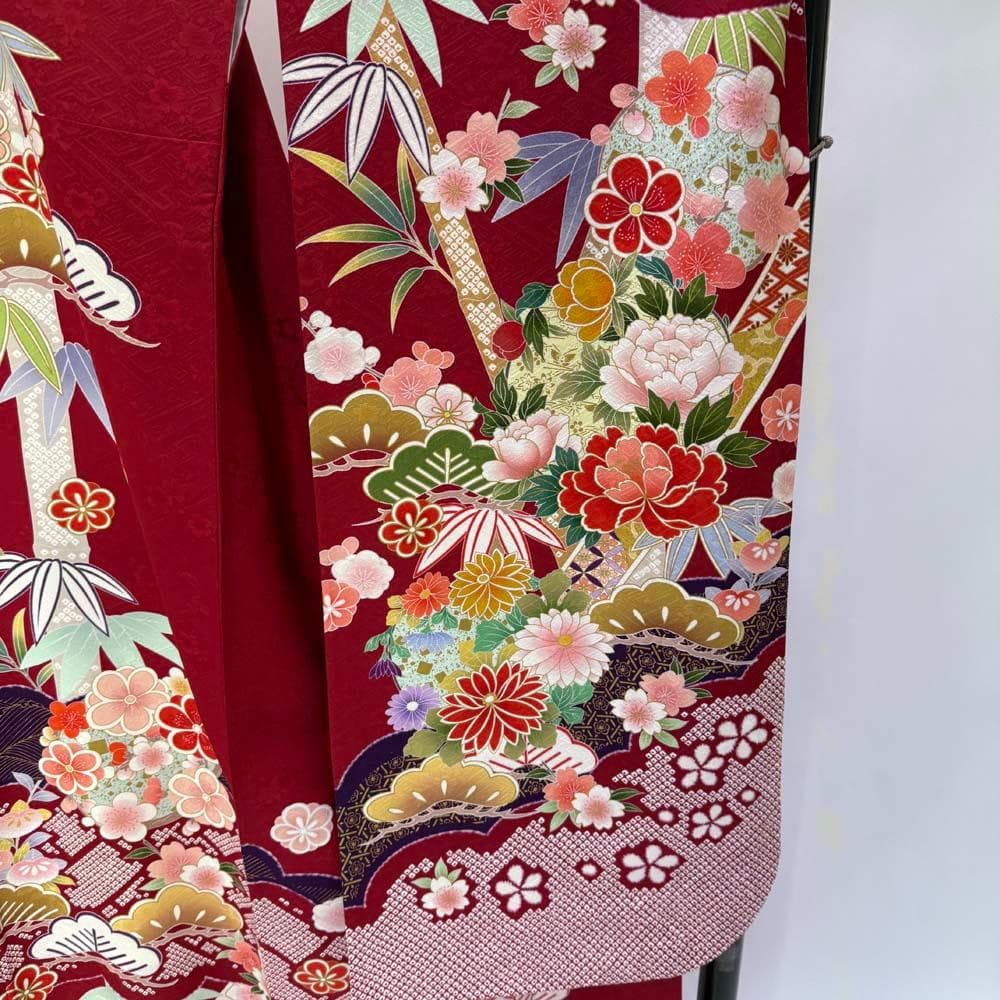 振袖 正絹 赤 緑 古典花柄　裄72.3㎝ 　成人式 中古 c-81