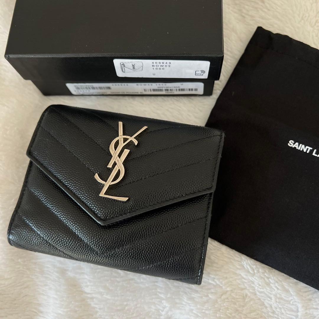 SAINT LAURENT BOW02 ブラックレザー三つ折り財布