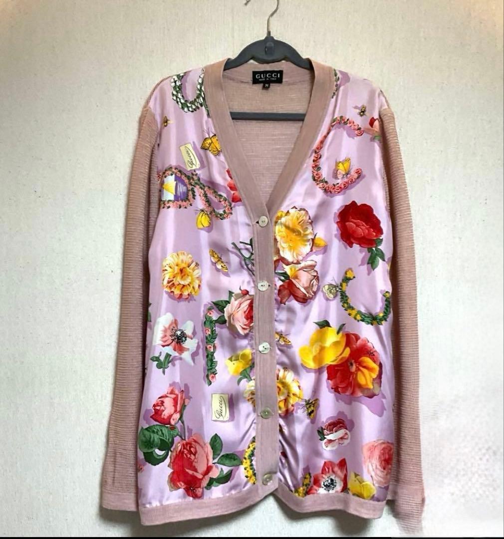 ヴィンテージ　GUCCI シルク　スカーフ柄カーディガン　M