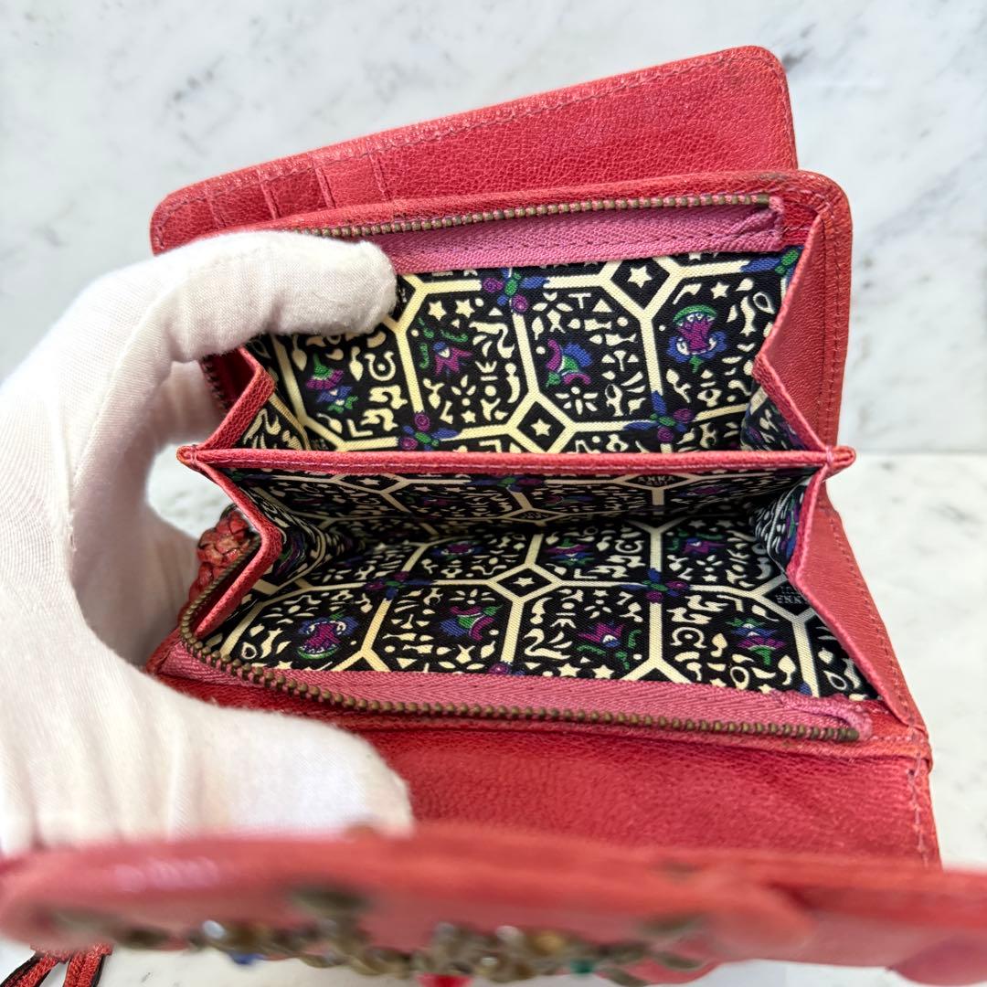 美品 ANNA SUI アナスイ 三つ折り財布 本革 レザー スタッズ レッド