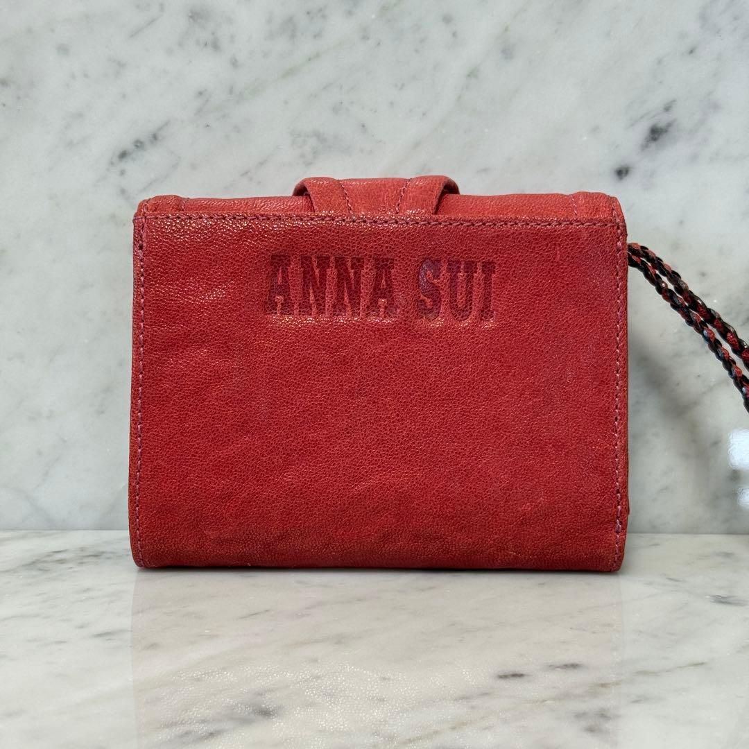 美品 ANNA SUI アナスイ 三つ折り財布 本革 レザー スタッズ レッド