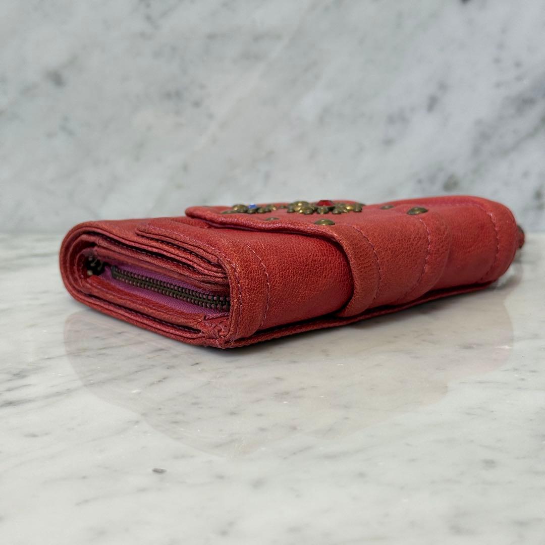 美品 ANNA SUI アナスイ 三つ折り財布 本革 レザー スタッズ レッド