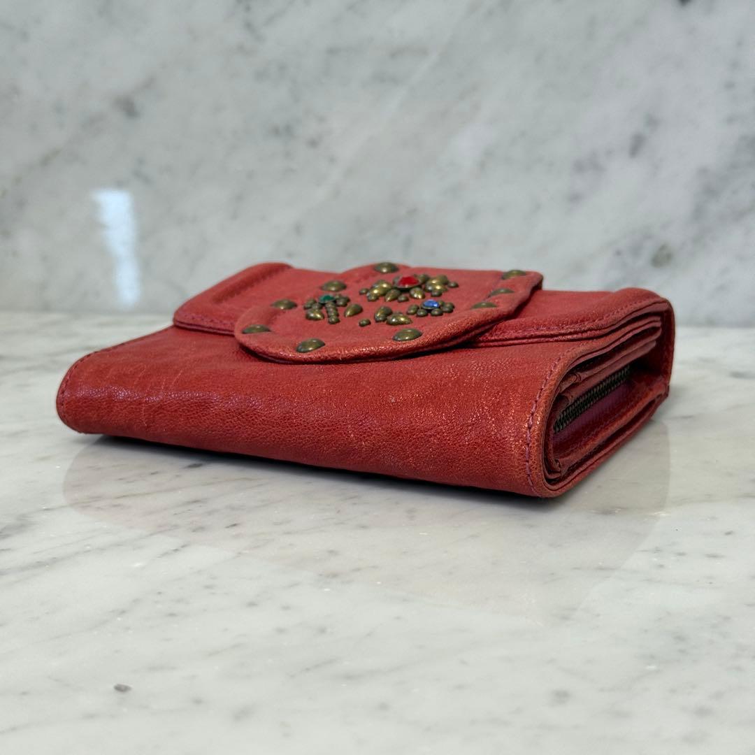 美品 ANNA SUI アナスイ 三つ折り財布 本革 レザー スタッズ レッド