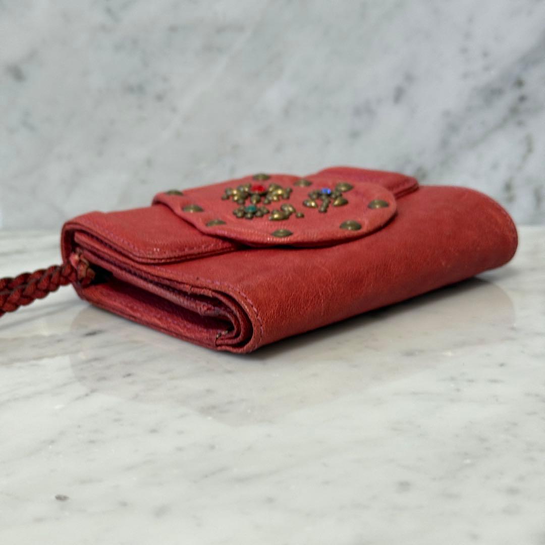美品 ANNA SUI アナスイ 三つ折り財布 本革 レザー スタッズ レッド